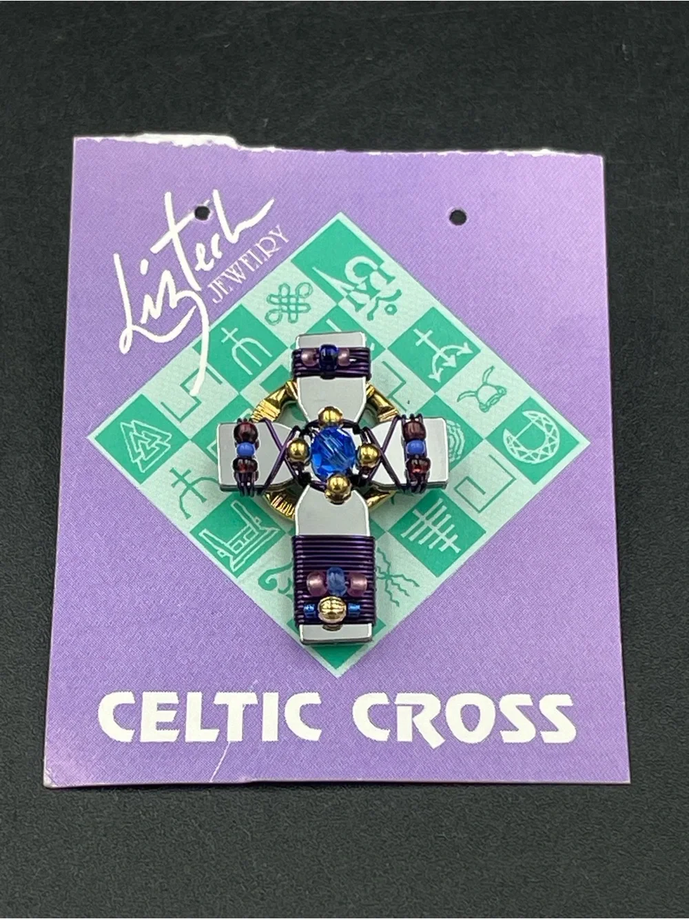 2002 Liztech Celtic Cross Pin Brooch Mixed Metal Beaded